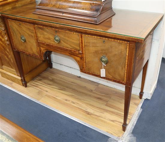 A George III mahogany and satinwood banded sideboard, W.144cm D.56cm H.94cm